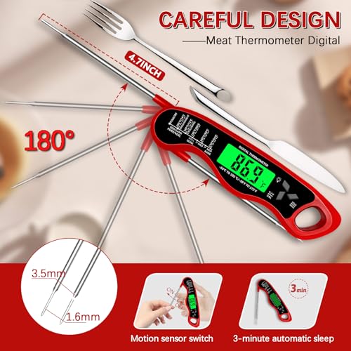 Cooking Thermometer，IP67 Waterproof Meat Thermometer Digital - color: Red