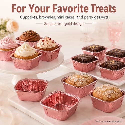 50 Pcs Rose Gold Square Baking Cups, Disposable Paper Pans - color: Rose Gold