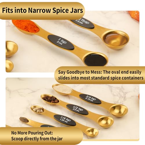 Gold Magnetic Measuring Spoons Set Stainless Steel with Leveler, Dual-Sided Stackable Metal Measuring Spoons for Baking & Cooking, Fits in Spice Jars, Heavy Duty Kitchen Gadgets, 8 Spoons & 1 Leveler - color: Gold