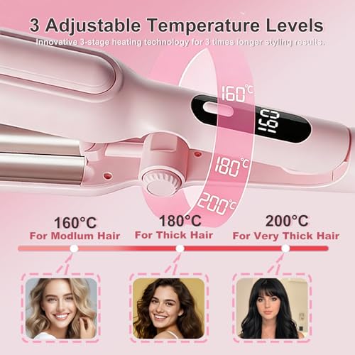 1&1.25 Inch Hair Crimper for Women - Curling Iron Waver Hair Tool to Adjustable Groove - Rizadora para Cabello - Anti-Scald Tech Hair Waver - Ionic Ceramic Coating for Long-Lasting,Fast Heating,Pink - color: Pink