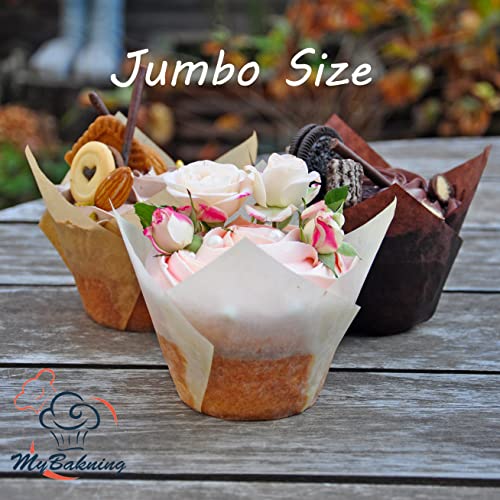 (JUMBO EXTRA LARGE size) Natural+Brown+White Tulip Baking Cups 2-1/4"(Base diameter) x 3-3/4"(Wall height) Greaseproof paper baking cupcake Muffin liners, Case of 130 pcs - color: Jumbo Brown&White&Natural