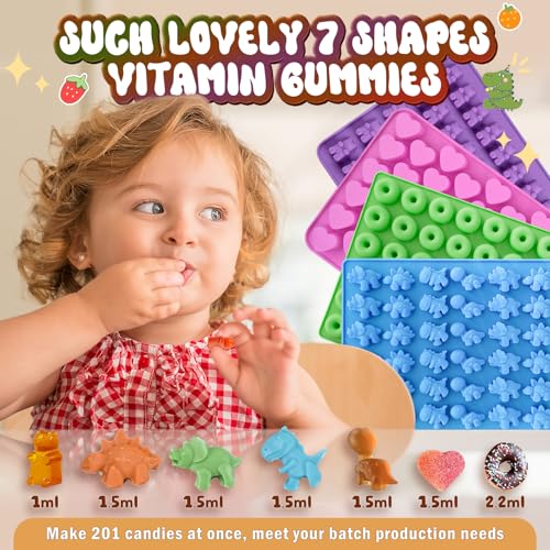 Gummy Bear Molds Silicone Mini Size, Non-stick Chocolate Candy Gummy Mould for Kid with 2 Droppers Including Dinosaur, Bear, Hearts and Donut Shape 201 Cavities - style: Gummy Shapes 4PCS