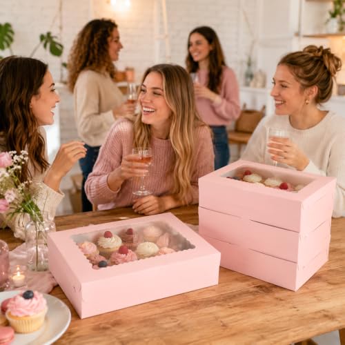 36pcs Auto-popUp Pink Cookie Boxes with Window,12x8x2.5 Inch Bakery Boxes|Sturdy Large Treat Box For Pies Chocolate Strawberries Donuts Pastry Dessert |350gsm Food-grade Thickness Cardboard - color: Pink/36pcs