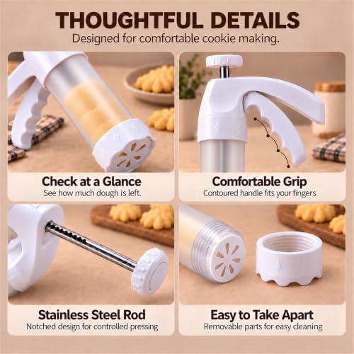 Spritz Cookie Press Gun Kit, Clear Barrel Cookie Maker with 12 Discs & 6 Icing Tips, Manual Cookie Press for Baking, Biscuit Maker & Cake Decorating Tool