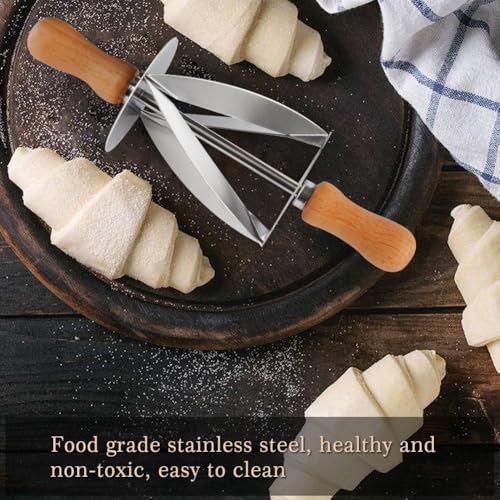 Stainless Steel Croissant Cutter with Wooden Handle – Professional Dough Roller for Baking Croissants Pastry, Cookie and Bread, 7.68 Inch
