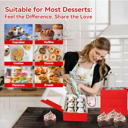 10-Set Cupcake Boxes Bulk with Clear Display Window Hold 6 Standard Cupcakes, Disposable Food Grade Red Cupcake Carrier Cupcake Container, Perfect for Cupcakes Muffins Cookies Pastries