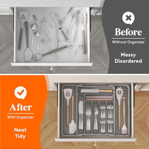 Lifewit Expandable Silverware Drawer Organizer, Kitchen Utensil Tray - color: Gray, size: Large Deep（11.8-19.6'W x 15''D）