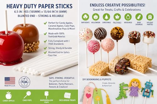 40pcs 6.5 in (165mm) x 6mm White Pointed Paper Sticks For Cake Pops, Caramel Apples or Candy Apple - Heavy Duty