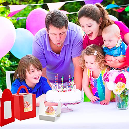 Cupcake Boxes, 30 Pcs Single Cupcake Boxes Individual Cupcake Containers Muffins Cupcake Carriers Holder Kraft Pastry Containers with Insert Window & Handle for Wedding Birthday Parties (Red) - color: Red