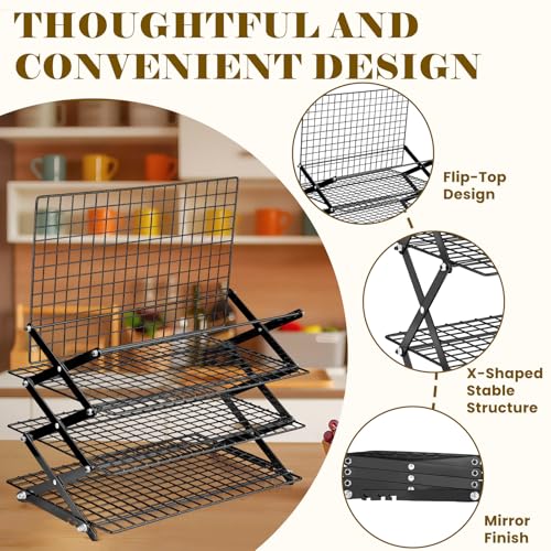 BEWOS 4 Tier Collapsible Cooling Rack - Adjustable Black Stainless Steel Baking Rack with Mesh Leak Proof, Foldable X-Shaped Structure Cooling Racks for Cooking and Baking - color: Black, size: 4 Tier