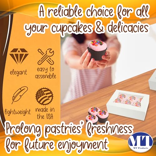 MT Products Cupcake Boxes 8" x 5.75" x 2.5" - Auto Pop-Up Bakery Boxes with Window (Pack of 25) - Made in the USA