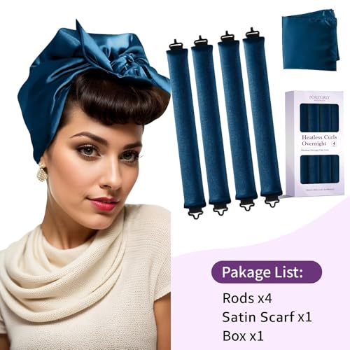 Heatless Curls Overnight Hair Curlers - 4 Pcs No-Heat Curling Rod to Sleep In,Velvet Hair Rollers with Satin Wrap - color: Navy Blue(Pack of 4)