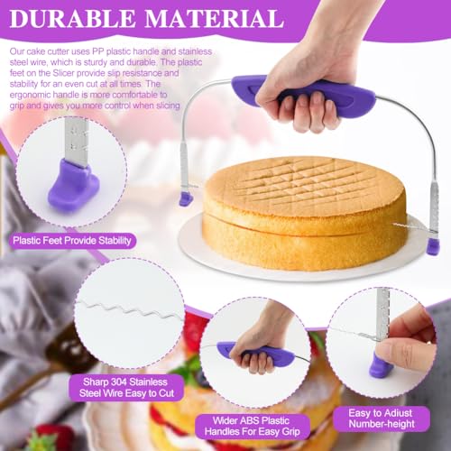 Adjustable Cake Leveler Cutter with 3 Cake Scrapers, Cake Slicer for Even Layers, Stainless Steel Cutting Wire with Plastic Handle, Cake Decorating Tool for Baking, Purple - color: Purple