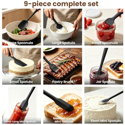 Silicone Spatula Set,9-Piece BPA Free Food Grade Heat Resistant Spatulas for Cooking Baking,Seamless One Piece Design,Non-Stick Safe,Dishwasher Safe,Withstands -104°F to 600°F（Black）