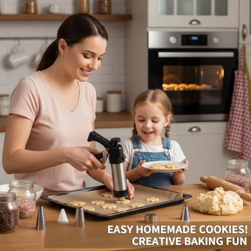 HEEPDD Cookie Press Kit, Stainless Steel Easy Press Biscuit and Decorating Maker for Home Baking Silver 230 x 140 mm with 8 Discs 8 Icing Tips