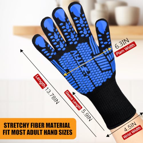 BBQ Gloves, 1472°F Heat Resistant with Silicone Grip Oven Mitts - color: Blue, size: Long (Glove L 13.78" × Palm W 6.33")