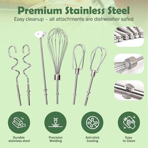 Hand Mixer Attachments, 6 Pcs Stainless Steel Set Turbo Beater, Pro Whisk, Dough Hooks & Blending Rod | Compatible with KitchenAid KHM3, KHM5, KHM7, KHM9, KHM512, KHM926 Series Hand Mixers