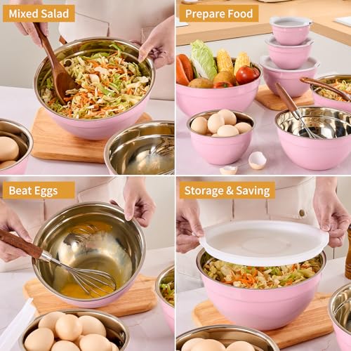 Pink Mixing Bowls with Airtight Lids, Stainless Steel Nesting Mixing Bowls Set of 7, Ideal for Baking, Prepping and Serving Food, Size 7, 3.6, 2.7, 2.1, 1.5, 1.1,0.8 QT, Stackable Design - color: Pink, size: 7 Pieces
