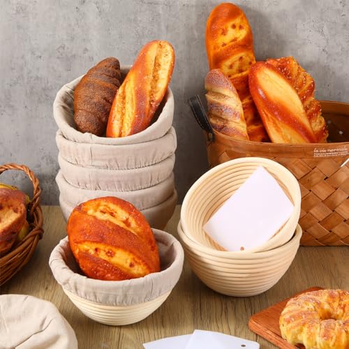 Irenare 10 Pcs Bread Banneton Proofing Basket Round Dough Sourdough Proofing Basket Rattan Bakery Baking Bread Bowl with Liner and Scraper Tool Set for Starter Gifts Professional Home Bakers (7 Inch) - size: 7 Inch