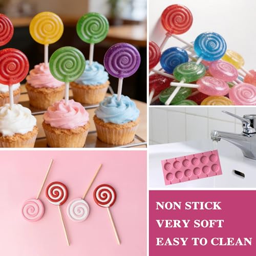 12 Capacity Silicone Lollipop Molds,Hard Candy Chocolate Sucker Mold with 2pcs 3.15 inch Lollypop Sucker Sticks,Candy Treat Bags,Gold Ties - color: 2PCS