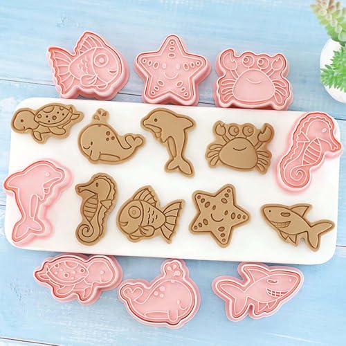 8 Mini Ocean Animal Cookie Cutters Set, 3D Raised Design Animal Embossing Stamps, Goldfish, Whale, Crab, Dolphin, Starfish, Shark, Turtle, Seahorse, Baking Molds - color: Ocean