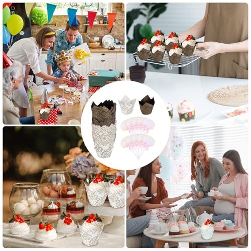 uxcell 100Pcs Tulip Cupcake Liners with 10Pcs Cheese Markers Muffins Liners - color: Brown/White Gold