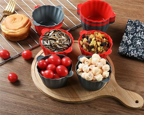 12 Pack Reusable Non-stick Large Silicone Baking Cups, 3.54 Inch Jumbo Silicone Cupcake Liners, Cake Molds with Handles, Large Muffin cups, Red and Gray