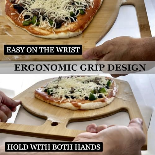 Wooden Pizza Peel & Round Cutting Board | Dual-Grip 2-in-1 Bamboo Pizza Paddle Board for Baking, Pizza Spatula & Large Cutting Board for Pizza | Pizza Turning Peel for Baking Accessories, 17” X 13.5”
