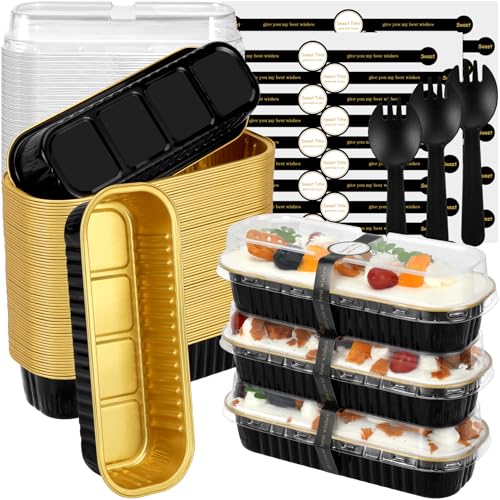 EgticHome Mini Loaf Pans with Lids and Spoons (100 Pack, Black-gold, 6.8oz) Rectangular Aluminum Foil Baking Pans - color: Black-gold