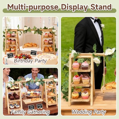 Wooden Cupcake Stand, Foldable 3 Tier Cupcake Display Stand, Walnut Brown