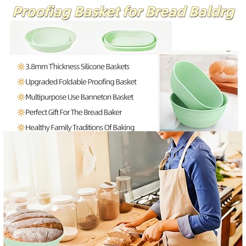 Banneton Bread Proofing Baskets,Silicone Sourdough Bread Baking Supplies, Bread Proofing Baskets for Sourdough, 10" Oval Collapsible Sourdough Baking Basket (Green) - color: Green