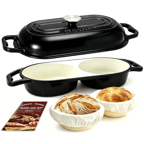DIY Double Dutch Oven for Sourdough Bread Baking – Enamel Cast Iron Bread Baker with Lid, Bake Two Different Loaves at Once, 500°F Oven Safe, Includes 2×10" Banneton Proofing Baskets - color: Black