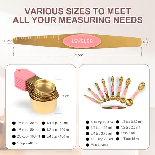 16-Piece Magnetic Measuring Cups & Spoons Set, Stainless Steel, Pink & Gold - color: 16-Piece Pink & Gold