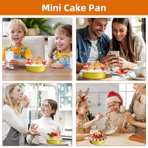 Mini Cake Pans With Lids And Spoons, Baking Tins For Round Small Desserts 7 Oz Aluminum Foil Baking Pans Disposable Ramekins Individual Cake Containers Holders For Tart Quiche Flan (50, Gold) - color: Gold