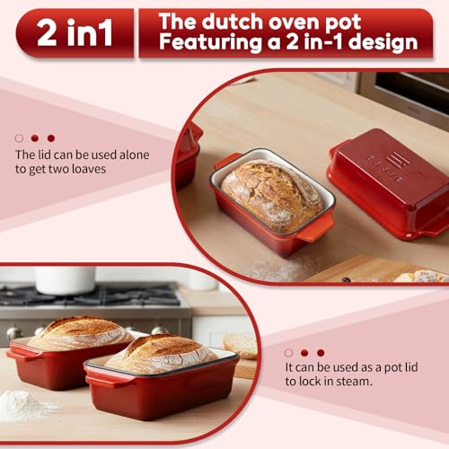 Enameled Cast Iron Dutch Oven for Sourdough Bread Baking, 9×5 Dutch Oven Pot with Lid, 2 in 1 Bread Pans with Lid for Baking, Roasting & Braising, Easy Release, Oven & Induction Safe (4.2 QT,Red) - color: Red