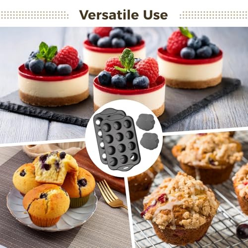 2 Pack Mini Muffin Pan, 12 Cavity Carbon Steel Cupcake Baking Tray with Removable Bottoms, Non-Stick Muffin Tins for Mini Cheesecakes, Quiches, and Cornbread
