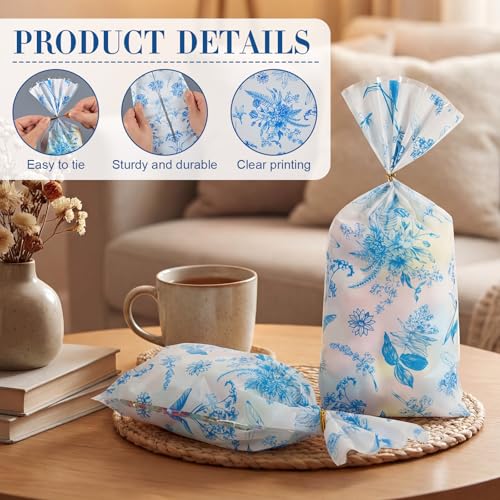 Sweetude 100 Pcs Cellophane Bags Candy Gift Bag Wildflower Party Favor - style: Blue and White Porcelain