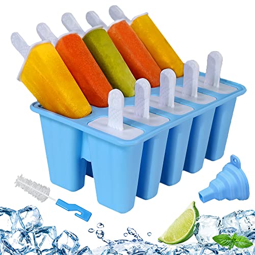 Silicone Popsicle Molds 10-cavity, DIY Ice Pop Mold for Kids Adult Teens, BPA Free Ice Cream Molds for Party Yogurt Juice Smoothies Sticks - color: Blue-10 cavity