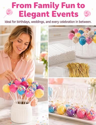 300Pcs Lollipop Sticks and Wrappers Kit, 100Pcs 6IN Cake Pop Stick, 100pcs Clear Candy Treat Bags Parcel, 100pcs Gold Twist Ties for Lollipops, Candies, Chocolates Cookies - color: 300PCS white