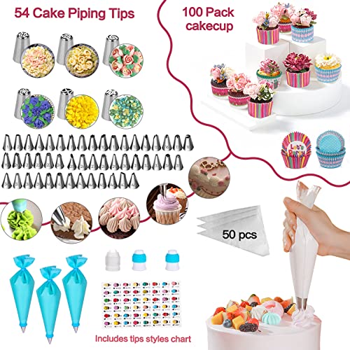 Aluminum Alloy Revolving Cake Stand & Carrier - 268PCS Kit with 54 Piping Tips, Acrylic Cake Discs, Various Spatulas