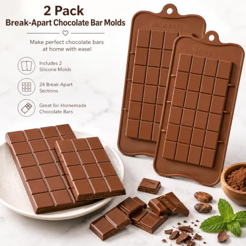 2 Pack Thin Break Apart Chocolate Bar Silicone Mold, Non-Stick Candy Bar Molds for Homemade Chocolate, Protein Bars, Energy Bars, Gummies & Candy - style: Bar