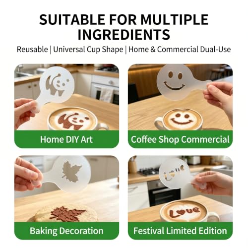Plastic Coffee Measuring Spoon Set with Funnel, Cleaning Brush & 16 Stencils – Multifunctional Tool for Latte Art, Hot Chocolate, Cake Decorating, and Protein Powder