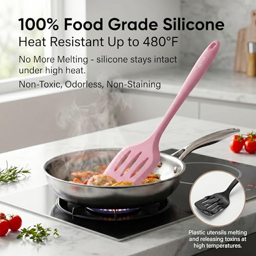 Vayvnt Cooking Utensils Set, 10PCS Non Toxic Silicone Set for Kitchen, Pink - color: Pink
