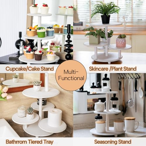 GENMOUS 2PCS 3 Tier and 4 Tier Beaded Cupcake Stand Set for Birthday Party Decor,Rustic Wooden Cupcake Tower Stands for 74 Cupcakes,White Cupcake Tiered Stand Display for Wedding Baby Shower Tea Party