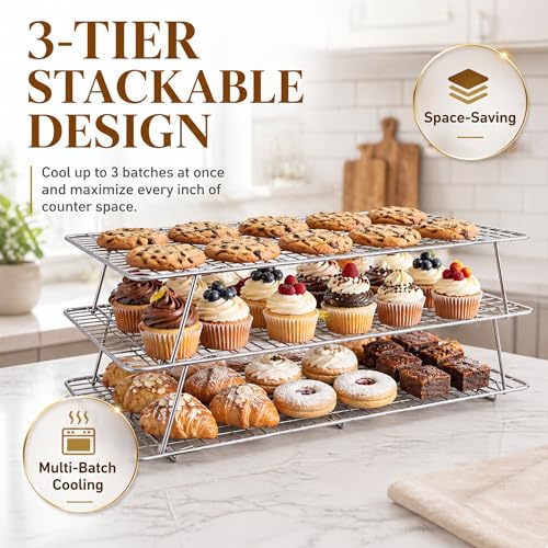 Cooling Rack 16"x10", 3-Tier Stackable & Collapsible Cooling Racks - color: Silver, size: 3-Tier-SL