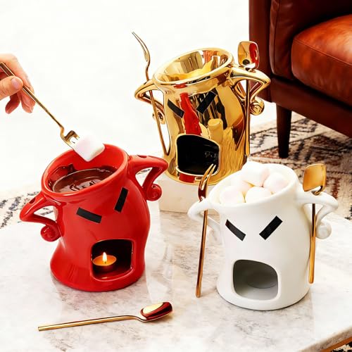 Mini Ceramic Fondue Set: Chocolate Fondue Melting Cup, Cheese Fondue Pot, Candy Mini Fondue Cups with 1 Fork & 1 Scoop - Food-Safe Gift for Parties, Gifts, Cozy Nights (White) - color: White
