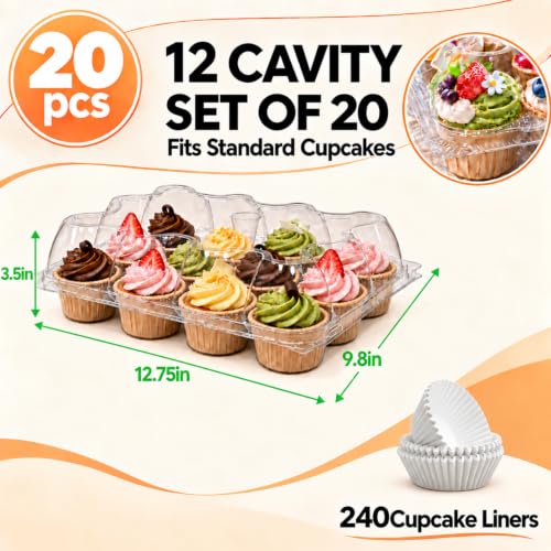 WIKDAY Plastic Cupcake Containers with Liners, 12 Count x 20 Sets
