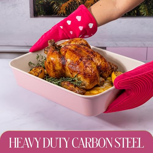 Paris Hilton 5-Piece Baking Pans Set, Nonstick Heart Pattern Bakeware Set with Heavy Duty Carbon Steel, Includes Square Pan, Round Pan, Loaf Pan, Roasting Pan & Cookie Sheet, 5-Piece, Pink - size: 5-Piece