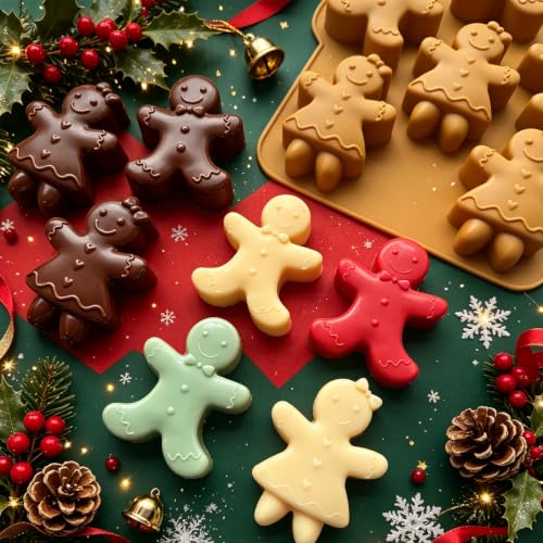 2‑Pack Christmas Silicone Molds for Baking Large Gingerbread Man Silicone Chocolate Molds Holiday Soap Candle Molds for Ice Cube Jelly Mini Cake Resin DIY Crafts - color: Brown-Gingerbread man