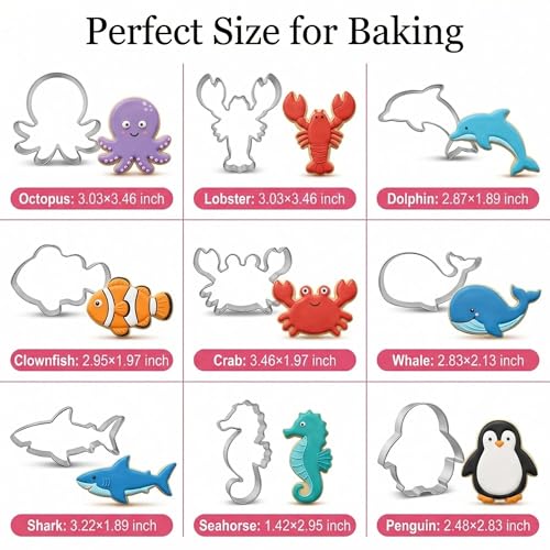 HENGYID Animal Cookie Cutter Set - 9 PCS Stainless Steel Shaped Cookie Candy Food Cutters Molds for DIY, Kitchen, Baking, Cake, Holiday Celebration, Kids Animal Themed Birthday Party (Ocean) - color: Ocean